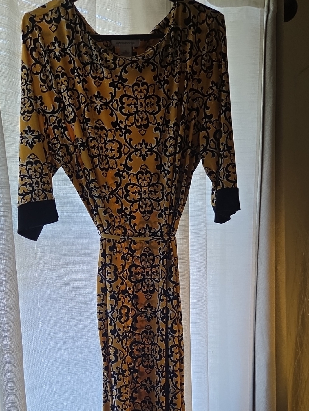 Yellow & Black Patterned Long Sleeve Dress with Waist Tie